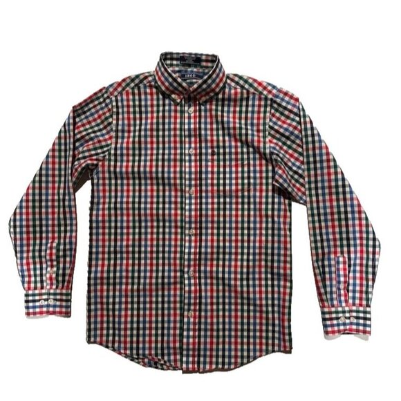 EUC IZOD Boys Button Down L/S Holiday Christmas Dress Shirt Plaid Large 14/16 - Picture 3 of 13